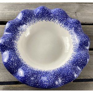 Young's 1996 Blue White Spongeware Stoneware Bowl With Wavy Edge 9.75" Vintage